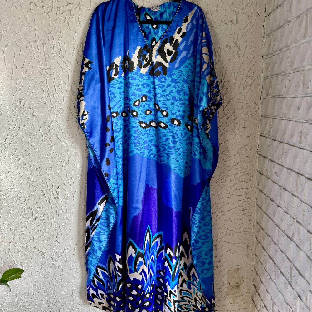 Blue Abstract Kaftan Maxi Dress One Size Boho Resort Cover Up - Picture 2 of 8